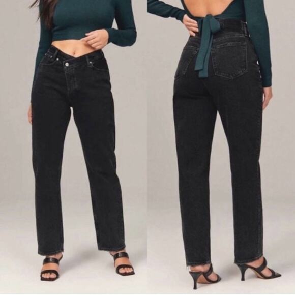 Abercrombie Fitch Curve Love High Rise Dad Jeans Crossover Waist Black NEW 25L - Picture 1 of 7
